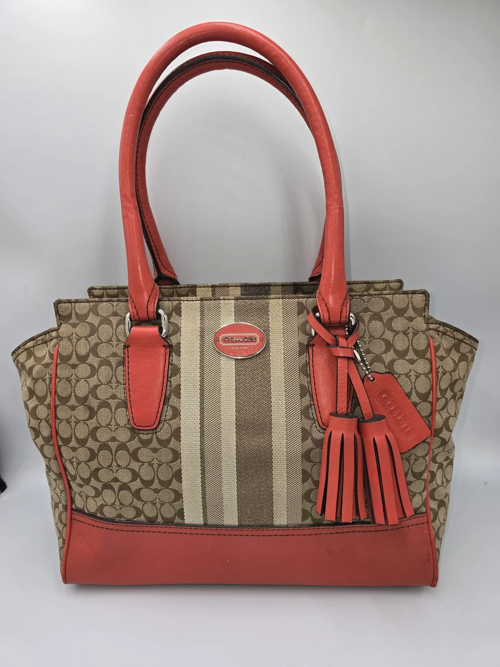 COACH 19915 Candace Carryall Signature Canvas Satchel Orange Trim Tassel *READ*
